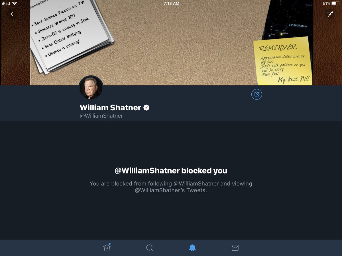 TheGornCaptain's tweet photo. This is all it takes to get blocked by @WilliamShatner?! I should have tweeted at Kirk on Cestus III and he would have just refused to play. Hisssss. #ThinkSkinned. https://t.co/cSmDTDIrnB