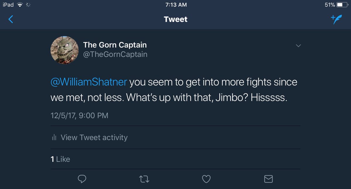 TheGornCaptain's tweet photo. This is all it takes to get blocked by @WilliamShatner?! I should have tweeted at Kirk on Cestus III and he would have just refused to play. Hisssss. #ThinkSkinned. https://t.co/cSmDTDIrnB