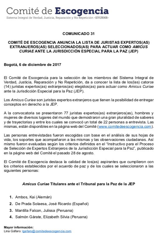 CdeEscogencia's tweet photo. @CdeEscogencia anuncia la lista de los 14 juristas extranjeros seleccionados para actuar como Amicus Curiae ante la JEP https://t.co/EKFJDJAb0k