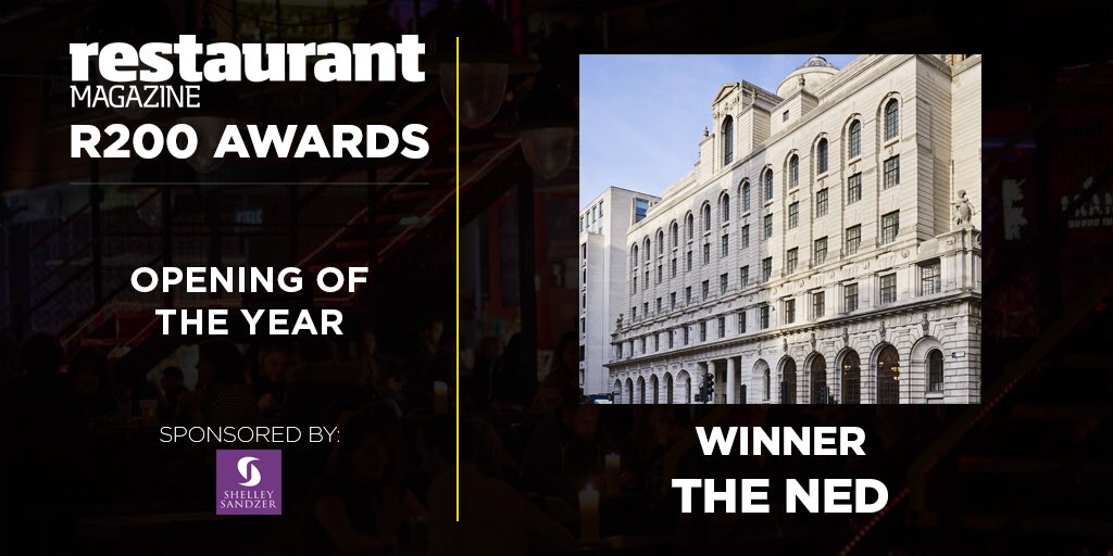 BigHospitality's tweet photo. Now for our Opening of the Year, which goes to the enormous @TheNedLondon. Well done @SohoHouse Award sponsored by @ShelleySandzer #R200Awards https://t.co/XuRQwDky6J