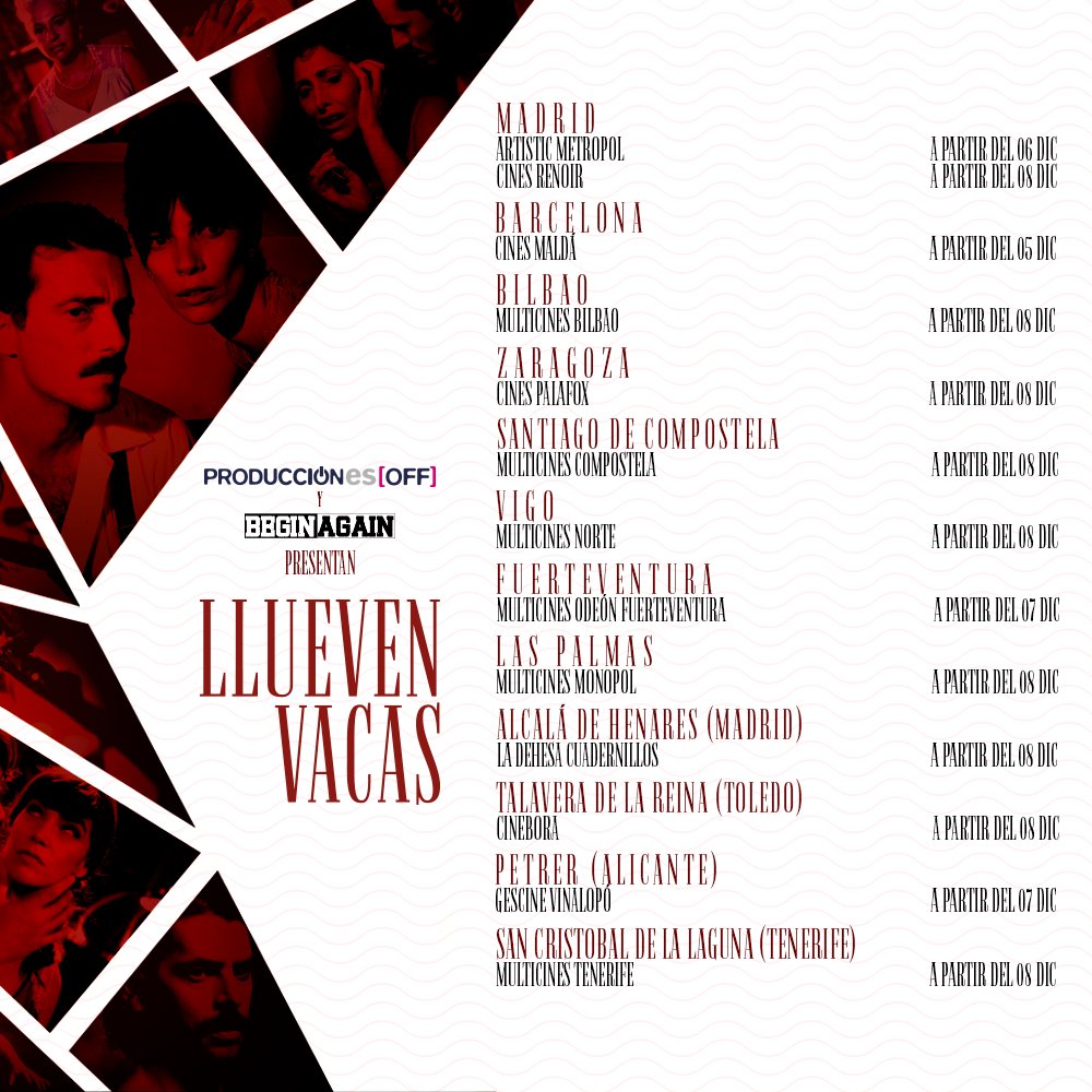 Lluevenvacas's tweet photo. Aquí os dejamos el listado de cines en los que estamos con #LLUEVENVACAS.
Es importante que nos acompañéis en la primera semana, cuanta más gente venga, a más personas llegará nuestro mensaje.
¡Nos vemos en el cine! https://t.co/uQfpMalWzH