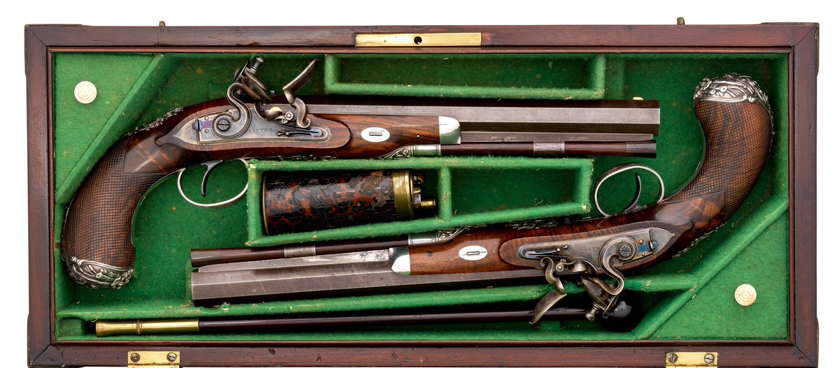 OlympiaAuctions's tweet photo. These silver mounted flintlock duelling pistols by John Manton 1790/1 probably made for 2nd Marquess of Hertford just sold £50,000 (estimate: £35,000-£45,000). #ThomasDelMar #AuctionUpdate https://t.co/2nDGKJXZdj