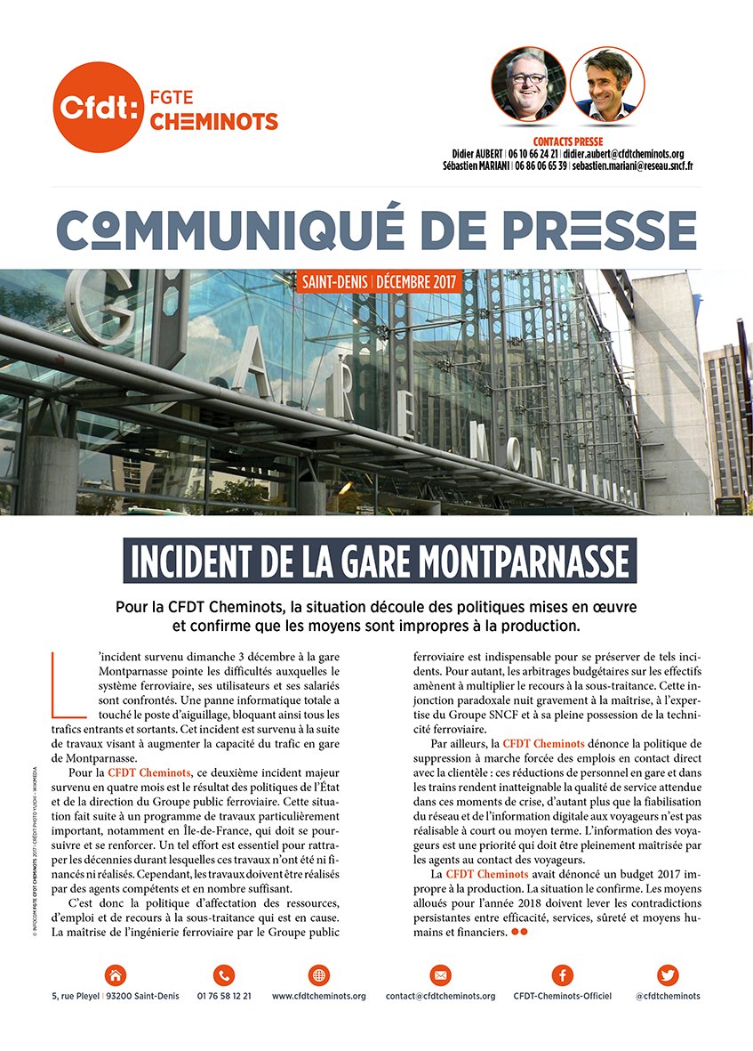 II Communiqué de presse II Incident de la #GareMontparnasse : pour la <a href="/cfdtcheminots/">cfdtcheminots</a> , la situation découle des politiques mises en oeuvre et confirme que les moyens sont impropres à la production ! bit.ly/2nxOeBZ