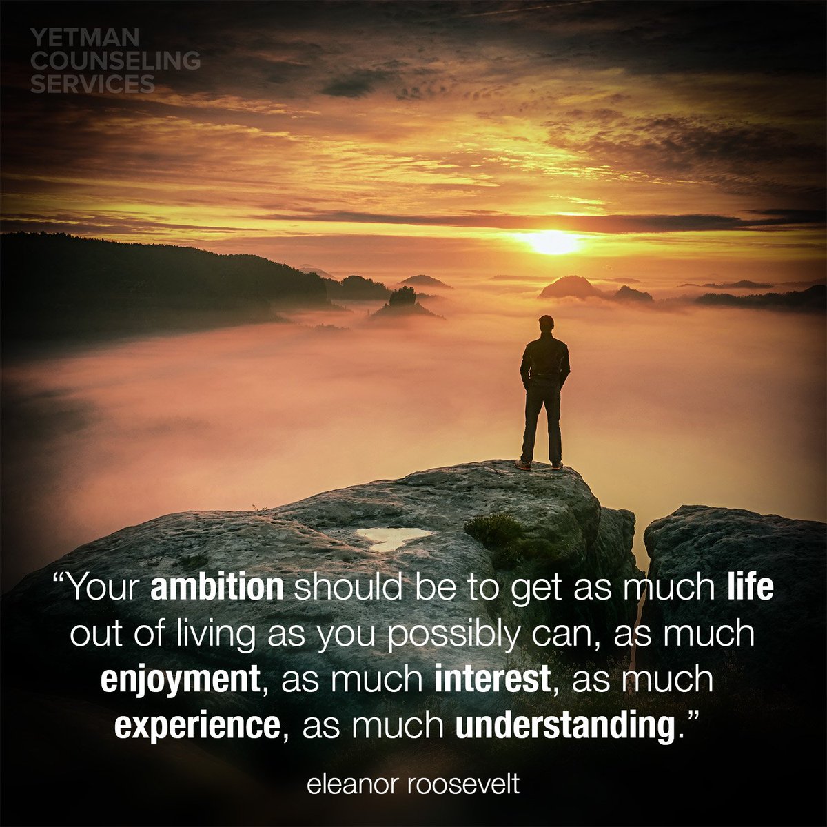 YetmanCS's tweet photo. "Your ambition should be to get as much life out of living as you possibly can, as much enjoyment, as much interest, as much experience, as much understanding." // Eleanor Roosevelt

#wisewords #lifegoals https://t.co/VBX3EsUxtB