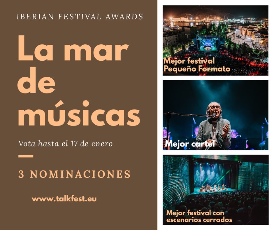La Mar de Músicas es candidata en tres categorías en los Iberian Festival Awards, premios que se otorgan a los mejores festivales de la península Ibérica, gracias al voto del público. 
Link para votar directamente: goo.gl/ZvPGqH
Vamos a ayudarla entre todos!!!