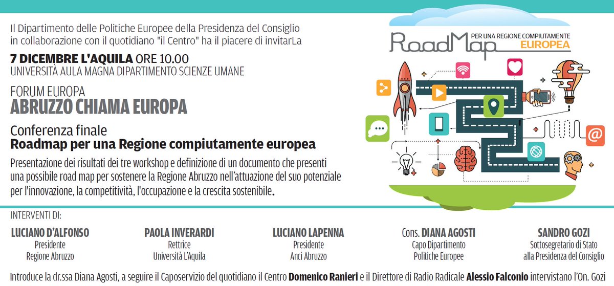 DipPoliticheUE's tweet photo. Domani #7dicembre a #LAquila conferenza finale di "Abruzzo chiama Europa" con @sandrogozi, @d_agosti, @lucianodalfonso, Paola #Inverardi rettrice @univaq, Luciano #Lapenna @comuni_anci #Abruzzo https://t.co/ix7s5Wncwn … https://t.co/FknHNuYHVJ
