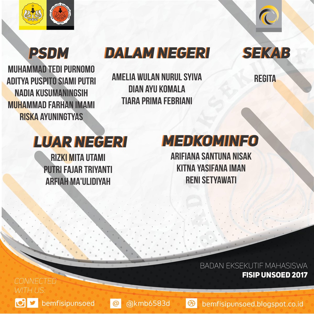 Selamat bergabung di keluarga besar BEM FISIP Unsoed Kabinet Aksi Nyata!
Untuk nama-nama yang tercantum di setiap kementerian, akan dihubungi langsung oleh menteri dan dimasukan ke grup line.

Selamat berproses di kampus oranye FISIP Unsoed!