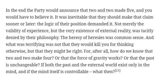 The most obvious example of my analysis here is the slogan "2+2=5", which is used toward the end of the book. Orwell's protagonist, Winston, is captured by the state. He is asked to accept that 2+2=5 as a symbol of the Party's power.