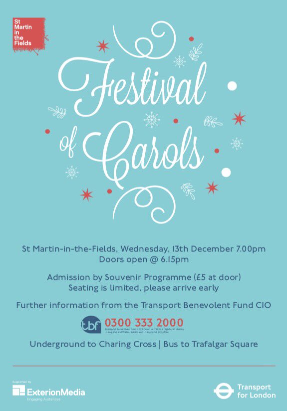 TransportChoir's tweet photo. Please join us for a wonderful Festival of Carols at St-Martin-in-the-Fields, Trafalgar Square. 13th Dec, doors open 18:15. https://t.co/TDXGblt2Bz