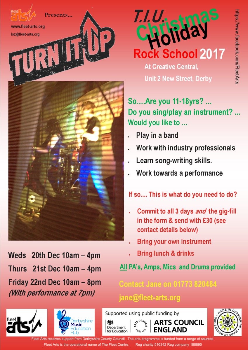 Are you aged between 11 and 18? Do you sing or play an instrument? Would you like to be part of a band? Only 2 places remaining at Fleet <a href="/FleetArts/">Fleet Arts</a> Xmas Rock School @ Creative Central, Derby. email jane@fleet-arts.org for application.