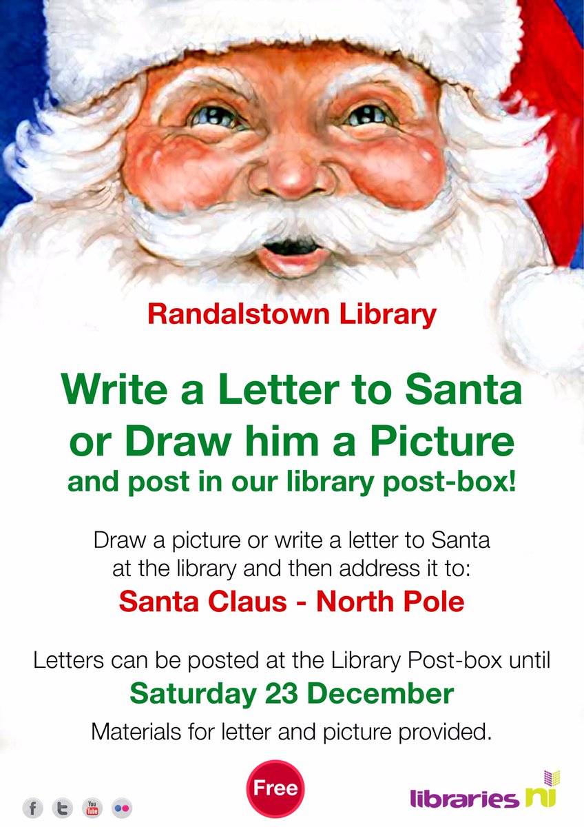 Randalstown Arches (@randalstownarch) on Twitter photo Write a Letter/Draw a Picture to Santa at Randalstown Library
The library invites kids to draw a picture or write a letter to Santa. 🎅
Post it to Santa Claus, North Pole in their postbox, up to Sat, 23 December.
Materials are provided.
#Christmas #festive
<a href="/LibrariesNI/">Libraries NI</a> Write a Letter/Draw a Picture to Santa at Randalstown Library
The library invites kids to draw a picture or write a letter to Santa. 🎅
Post it to Santa Claus, North Pole in their postbox, up to Sat, 23 December.
Materials are provided.
#Christmas #festive
<a href="/LibrariesNI/">Libraries NI</a>