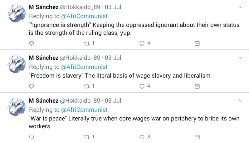 What these slogans mean or what the logic that arrived to them is intended to symbolise is quite hard to pinpoint. It only becomes clear when one recognises that the slogans represent real Marxist criticisms of capitalist society.  @Hokkaido_89 summed this up well.