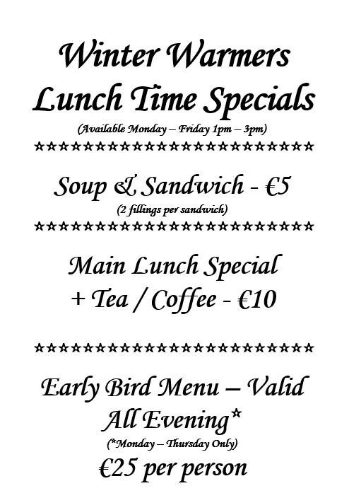 Randles Hotel (@randles_hotel) on Twitter photo Our Winter Warmer offer continues this week – Soup & Sandwich (2 fillings) - €5. Main Course Lunch Special + Tea /Coffee - €10 – Both available Monday - Friday. Early Bird @ €25pp Valid All Evening Monday – Thursday. #winterwarmers  #lunchandeveningspecials #lovekillarney Our Winter Warmer offer continues this week – Soup & Sandwich (2 fillings) - €5. Main Course Lunch Special + Tea /Coffee - €10 – Both available Monday - Friday. Early Bird @ €25pp Valid All Evening Monday – Thursday. #winterwarmers  #lunchandeveningspecials #lovekillarney