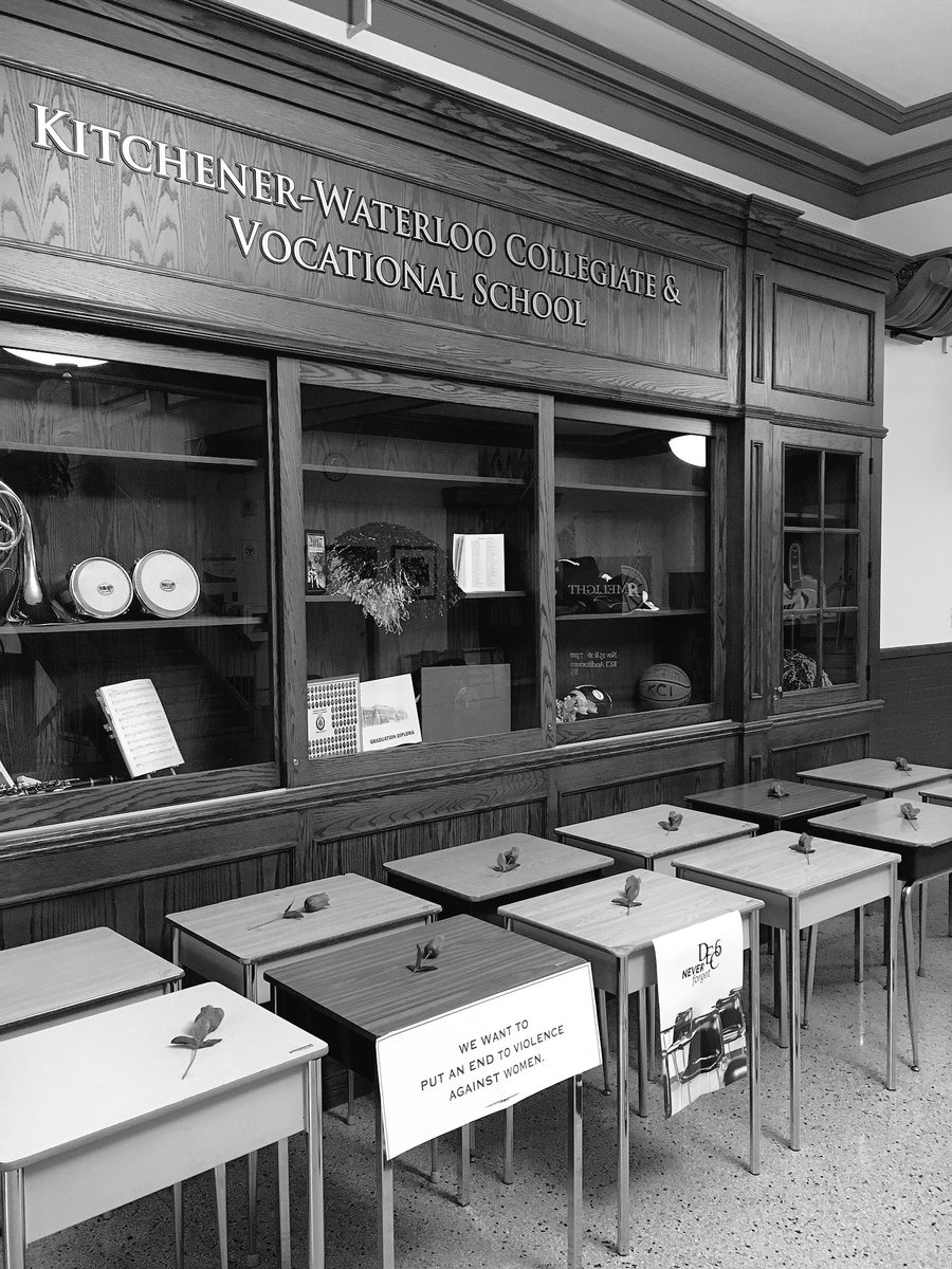 MisterHallas's tweet photo. @ONEKCI commemorates the École Polytechnique massacre today with 14 empty desks & 14 roses @wrdsb https://t.co/zxUKx9oRWW