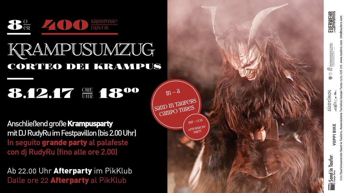 Save the Date: Krampusumzug in Sand in Taufers - Cortea dei Krampus a Campo Tures!
<a href="/taufererahrntal/">Tauferer Ahrntal</a> <a href="/suedtirol_info/">Südtirol | Alto Adige | South Tyrol</a>