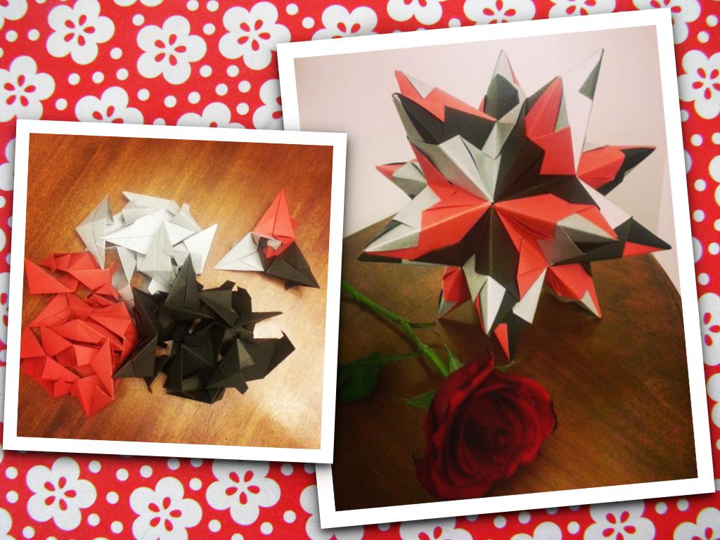 Origarte's tweet photo. Encargo! #Kusudama de icosaedro estrellado (#Bascetta Star) pídela en los colores que quieras #origamimodular #modularorigami #origami #papiroflexia #paper #red #black #silver #negro #rojo #estrelladepapel #paperstar #origamistar #estrelladeorigami #origamifun #iloveorigami https://t.co/ei2KyTmYWR