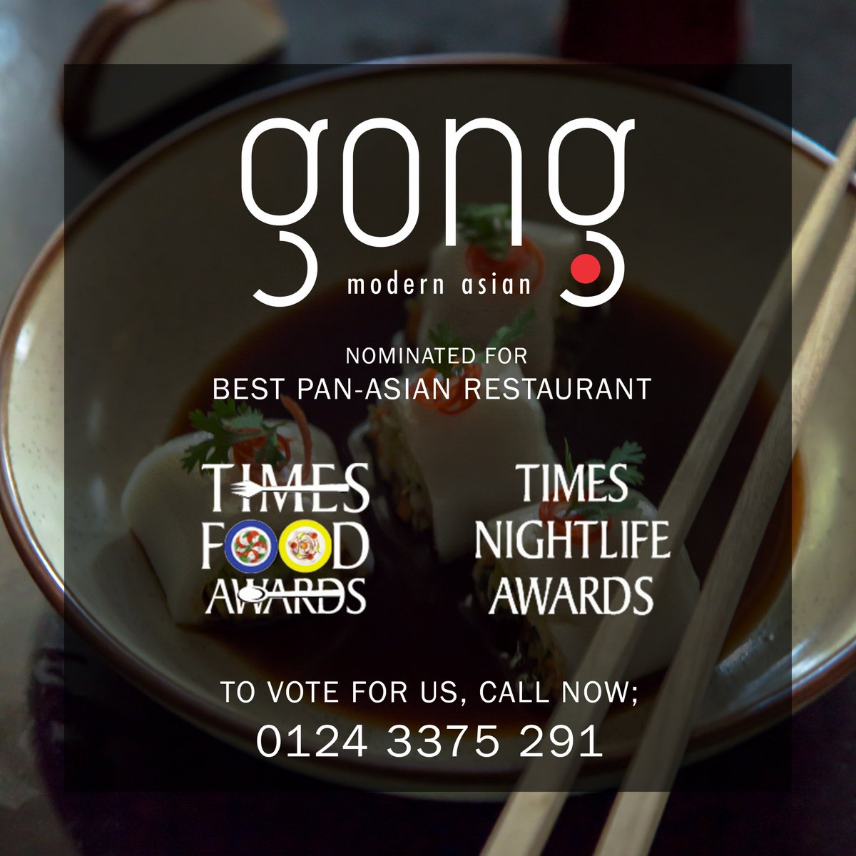 GongModernAsian's tweet photo. Eat, Drink, Vote, Repeat!
We are delighted to be nominated by the Times Food and Nightlife Awards under the Best Pan-Asian Restaurant category. 
To vote for us, call 0124-3375291.
#StrikeTheGong #PanAsian #TimesFoodAwards https://t.co/blYsBmNQBn