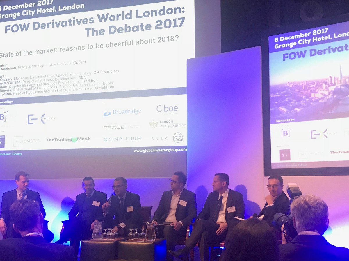 Simplitium's tweet photo. Simplitium's Bujar Bivolaku speaking on the "Sate of the markets: reasons to be cheerful about 2018" panel alongside representatives from @GHFinancials, @CBOE, @EurexGroup and Tradition. Thank you to @FOWgroup! #TheLondonDebates https://t.co/V9tRb9L6pa
