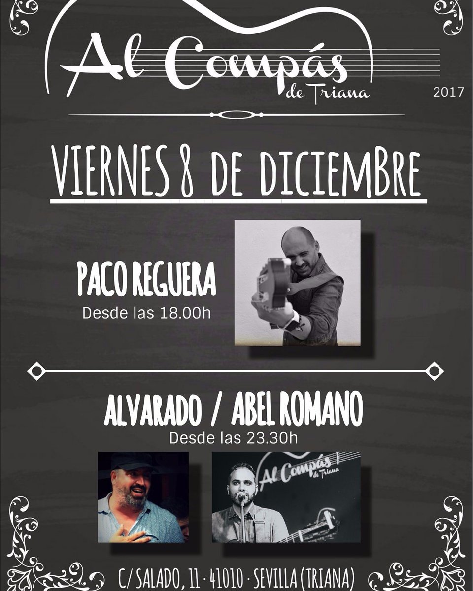 AbelRoman0's tweet photo. Este Puente estaré:
Viernes tarde PURA VIDA Sevilla
Viernes noche AL COMPÁS Triana
Sábado tarde BRAVISSIMO Montequinto.
@puravidaterraza @rrpp_al_compas @bravissimo_montequinto
Os espero. Abel Romano. #musica #puravida #alcompas #bravissimo #sevilla https://t.co/KnaVY7nbrq