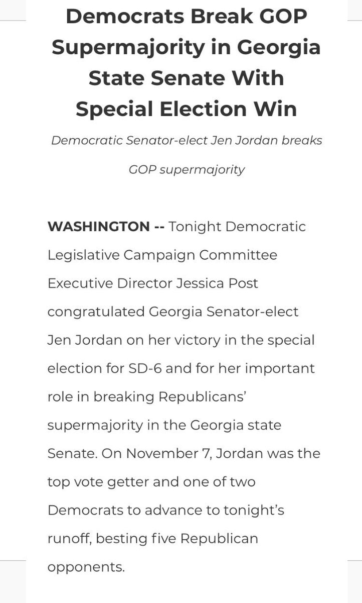 kylegriffin1's tweet image. Democrat Jen Jordan won a special election runoff in Georgia's 6th Senate district last night, flipping the seat.

Jordan’s win breaks the Republican supermajority in Georgia’s state senate.