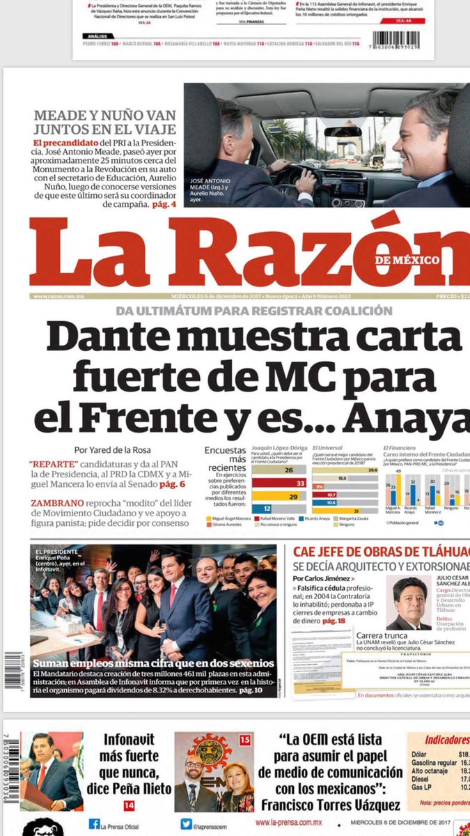 fernandeznorona's tweet photo. Prácticamente todos los medios con la misma nota. @RicardoAnayaC y la enésima foto del engendro del PRIAN @JoseAMeadeK https://t.co/b4hXDRs9n9