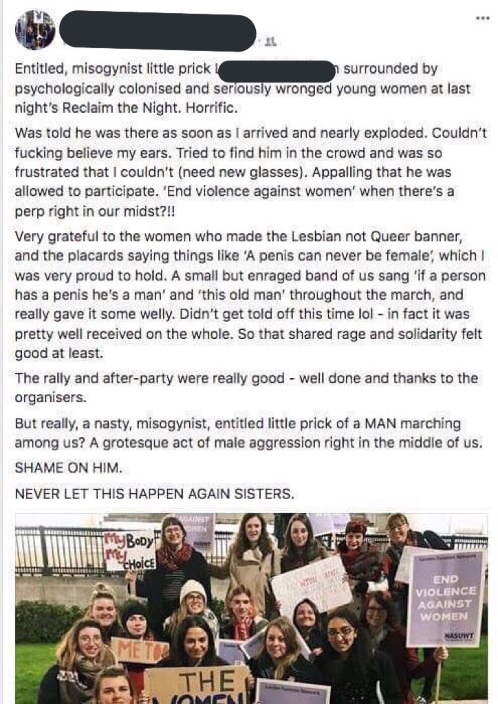 shoe0nhead's tweet photo. a trans teenager was at a violence against women march.

this is a TERFs reaction

creepy vagina cult strikes again https://t.co/0w27gpSrBq