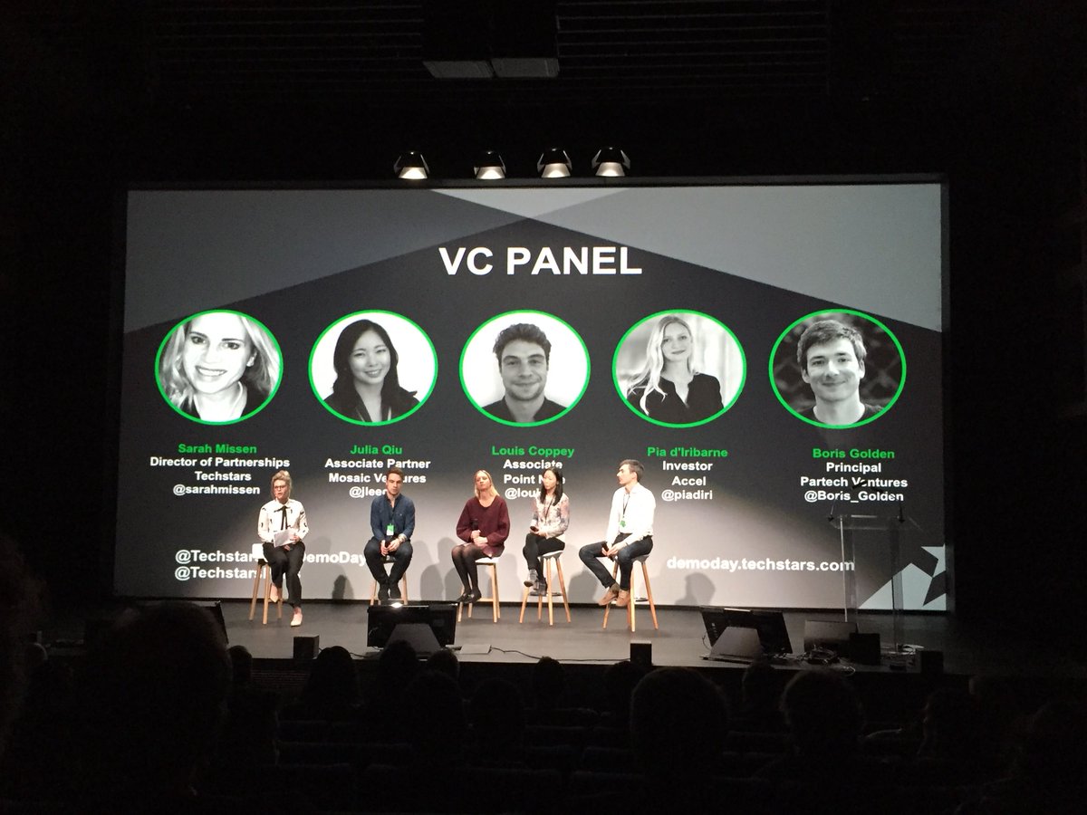 Great line-up for the VC panel to kick-off #TSDemoDay <a href="/sarahmissen/">Sarah Missen</a> <a href="/jleeqiu/">Julia Qiu</a> @piadiri <a href="/Boris_Golden/">Boris Golden</a> <a href="/louicop/">Louis Coppey</a> <a href="/TechstarsParis/">Paris Techstars Accelerator</a> <a href="/techstars/">Techstars</a>