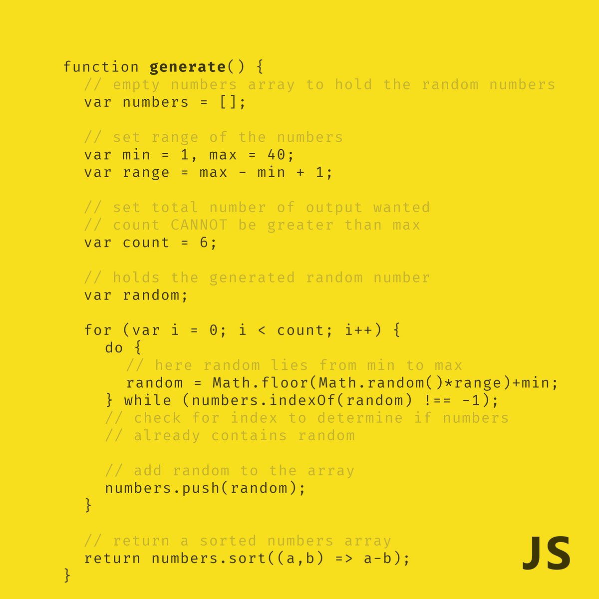 algorithmic_cs's tweet image. Generate - gives an array of n unique numbers in a given range
Explanation of .sort() and arrow functions
#randomnumber #sortarray #arrowfunction #arrow #function #javascript #js #vanillajs #es6 #algorithm #code  #computerscience #cs #programming #web #webdevelopment #developer