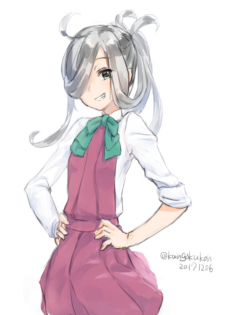 asashimo (kancolle) 1girl solo hair over one eye grey hair ponytail hands on hips white background  illustration images