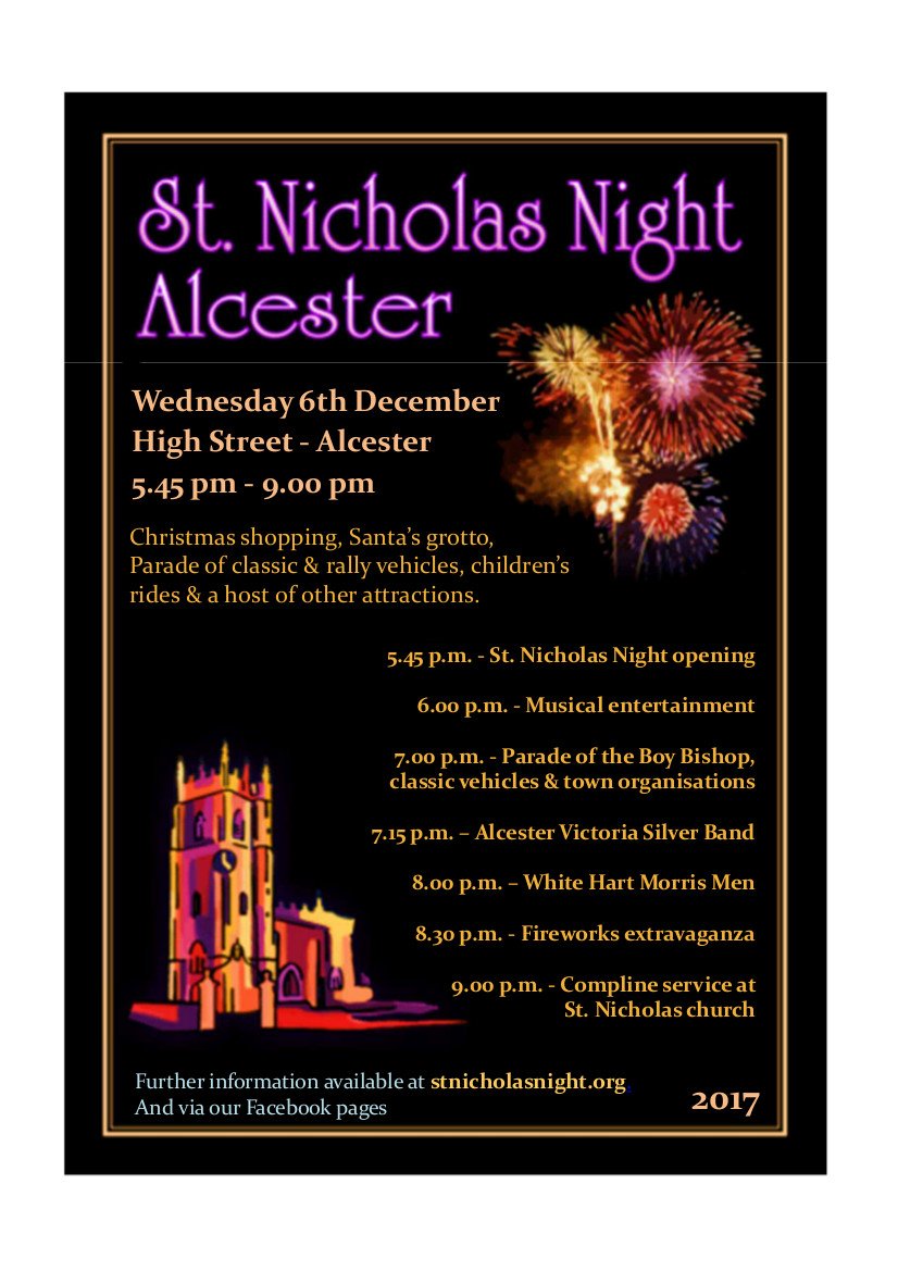 St Nics Night <a href="/Stnichsnight/">St Nicholas Night Alcester</a> tonight from 5:45 in Alcester High Street. Visit the Court Leet Stall for mulled wine, cakes, hot chocolate and bottles of High Bailiff/Ale Taster limited edition ales. Have fun everyone!!!!