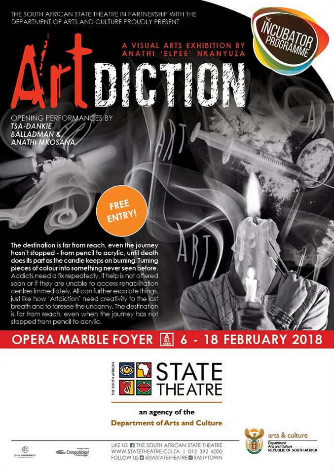 SASTwriter's tweet photo. #ArtDiction will play from 06 - 18 February 2018 (Free entrance). #ArtDiction is simply an addict for Art. Just like how addicts need a fix repeatedly, artdicts need creativity to the last breath, to foresee the uncanny. https://t.co/AWyCmZZeHi