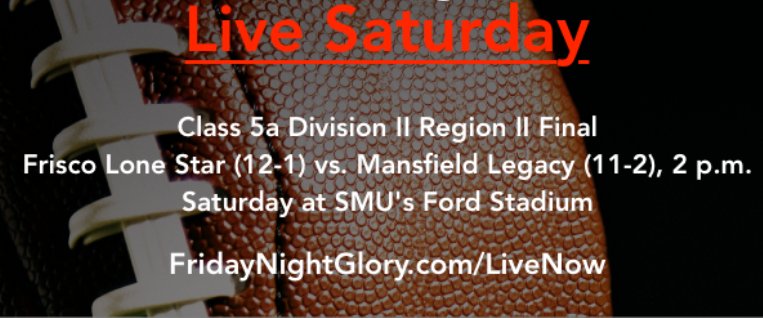 FridayNghtGlory's tweet photo. Can't Make it to the Lone Star vs Mansfield Legacy Regional Final Game? Listen LIVE HERE https://t.co/KKGqtHgiIu  #txhsfbplayoffs #FNGsports Announcers: Play By Play Nick Harris @Nick_Harris15 Color Commentator Aaron Hunt @ahunt90 https://t.co/pSYdA2Pdwe