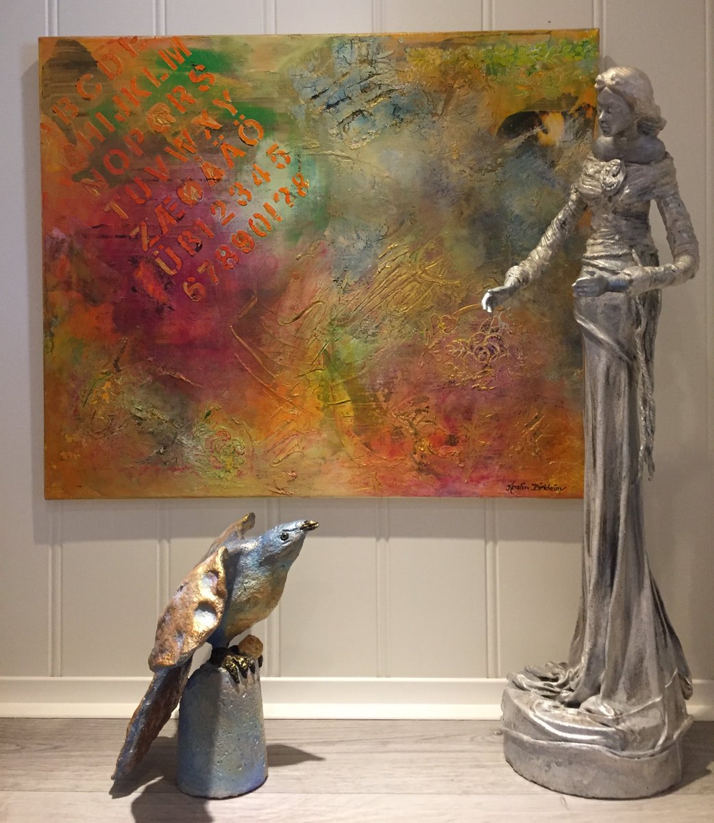 Stoneart bird, Lady and Mix media on canvas, all made by Kerstin Birkheim, Powertex Østlandet.