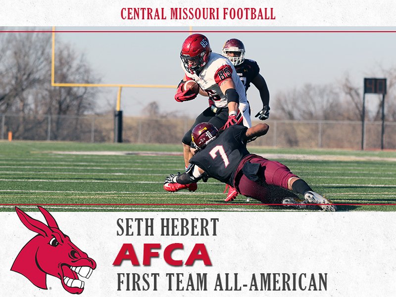 UCMFootballTeam's tweet photo. 34 catches, 573 yards and 5 touchdowns. It all adds up to an All-American season for junior tight end Seth Hebert! #teamUCM https://t.co/pm8vXeubMk