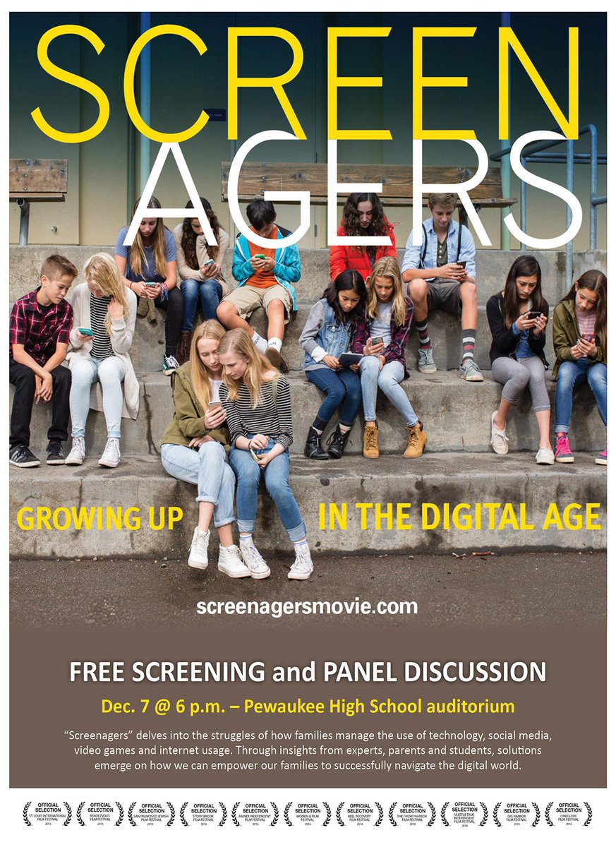 PewaukeeES's tweet photo. DID YOU KNOW the average child spends 6.5 HOURS A DAY looking at screens? Yeah, wow. Join us tomorrow for "Screenagers" @PewaukeeHS followed by a panel discussion led by @michaelcady on how best to navigate our digital era. Watch the trailer now. https://t.co/pqazwyggJx https://t.co/uA7v7HCtYp