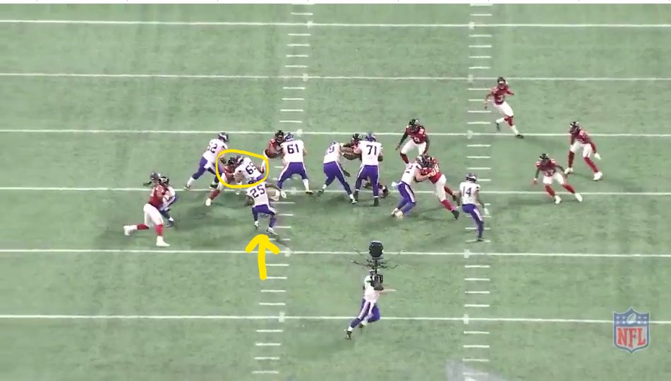 CoachTurch's tweet image. MIN Center Elfein with a RIDIC block on ATL DT Jarrett as Murray runs tight #nfl #nflfilm #greatblocking #chalktalk #Vikings