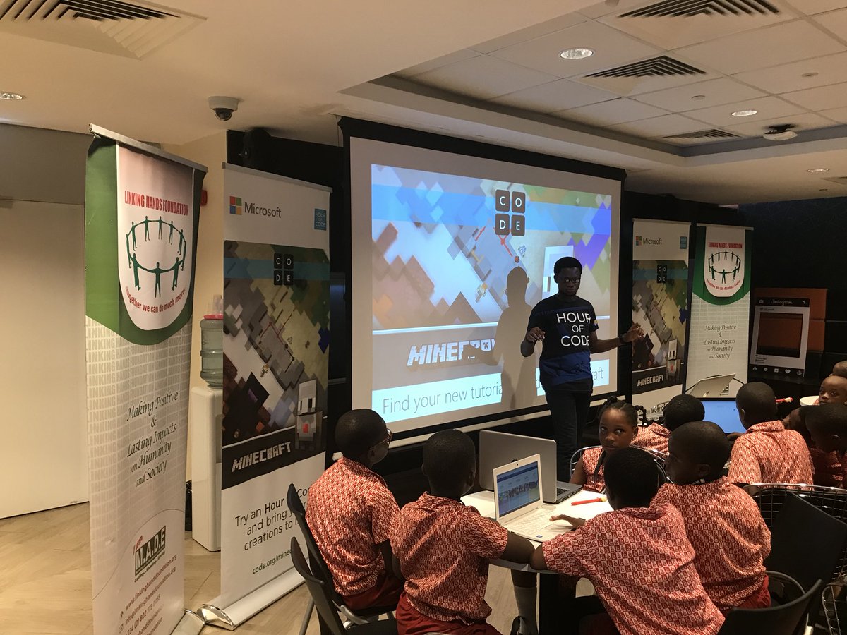 Microspecialist's tweet photo. Having a good time here even gatecrashed the #HourOfCode at Microsoft Nigeria office in Lagos. Kids having a wonderful time #cloud #coding #minecraft #AzureAPEs #Microsoft #Community https://t.co/HNTENj10En
