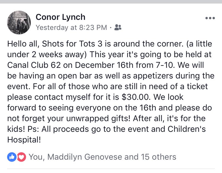 alrdikeman's tweet photo. Want to have some drinks with friends this holiday season? Want to support the new Oishei Children’s Hospital while doing so?Then get your tickets now for Shots for Tots on December 16th! #itsforthekids!! https://t.co/kAZIN2j6nL