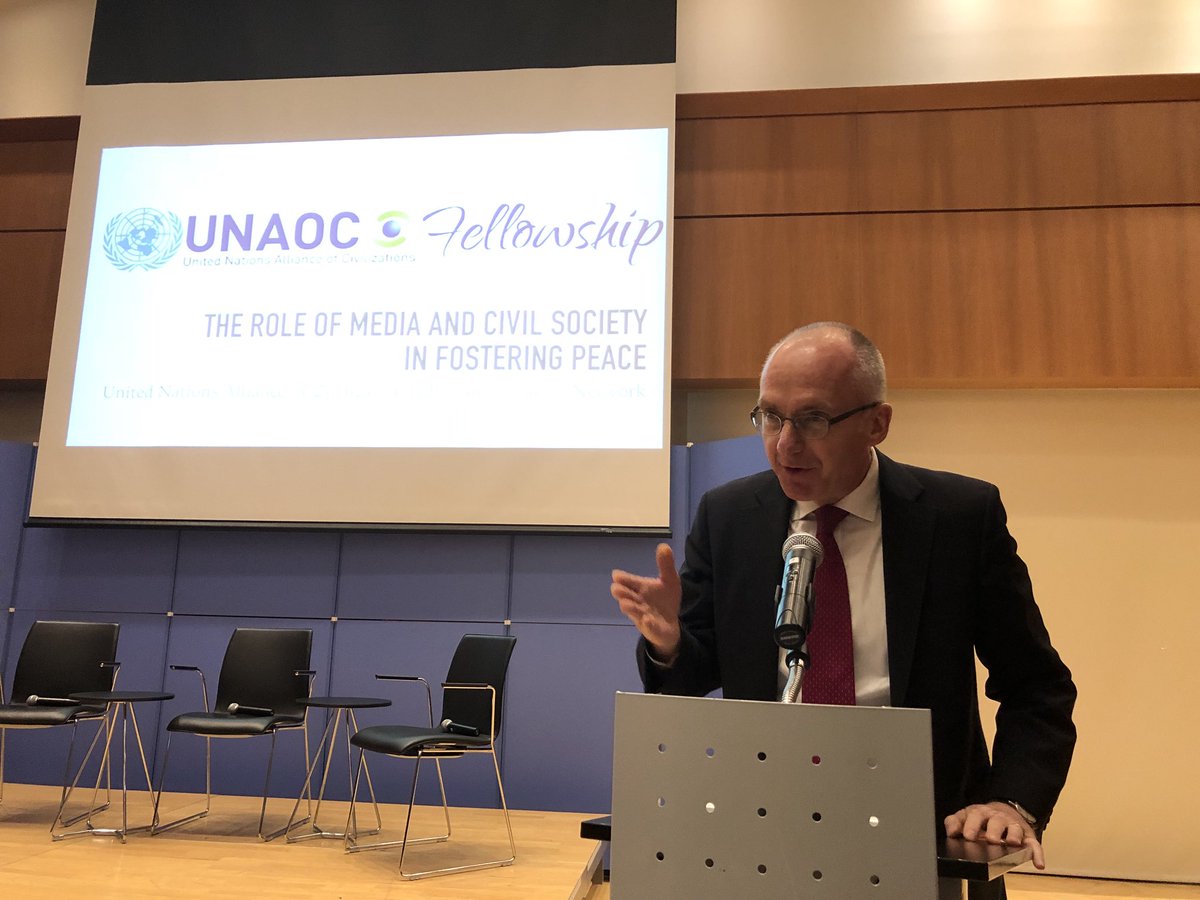 GermanyUN's tweet photo. Political Coordinator Thomas Schieb opening @UNAOC Fellowship Event at @GermanyUN: Young advocates from many different countries presenting their projects and thoughts on role of media + civil society in fostering peace. https://t.co/zp9dqtWUwN