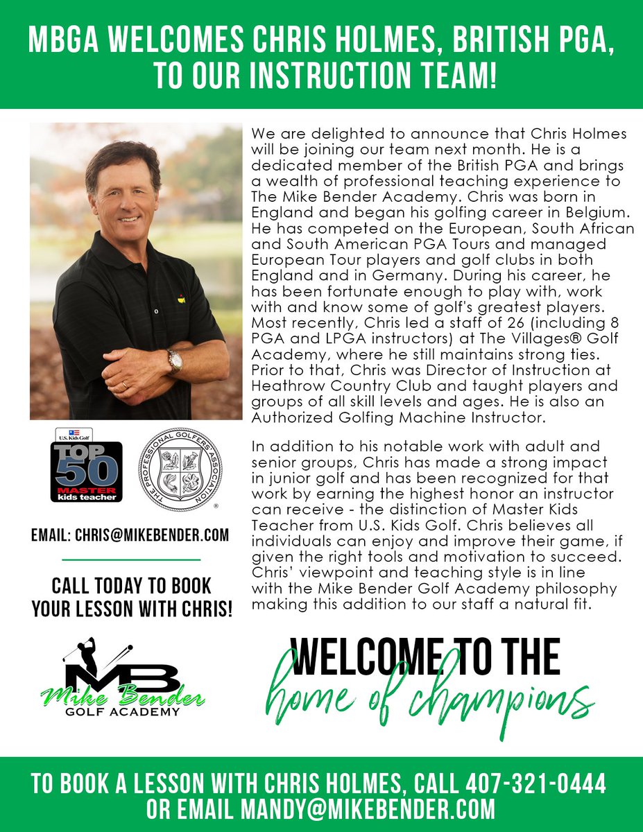 MBGA Has some exciting news! Please welcome our newest instructor CHRIS HOLMES <a href="/chrisholmesgolf/">Chris Holmes</a> #golf #pga #mikebender #benderized
