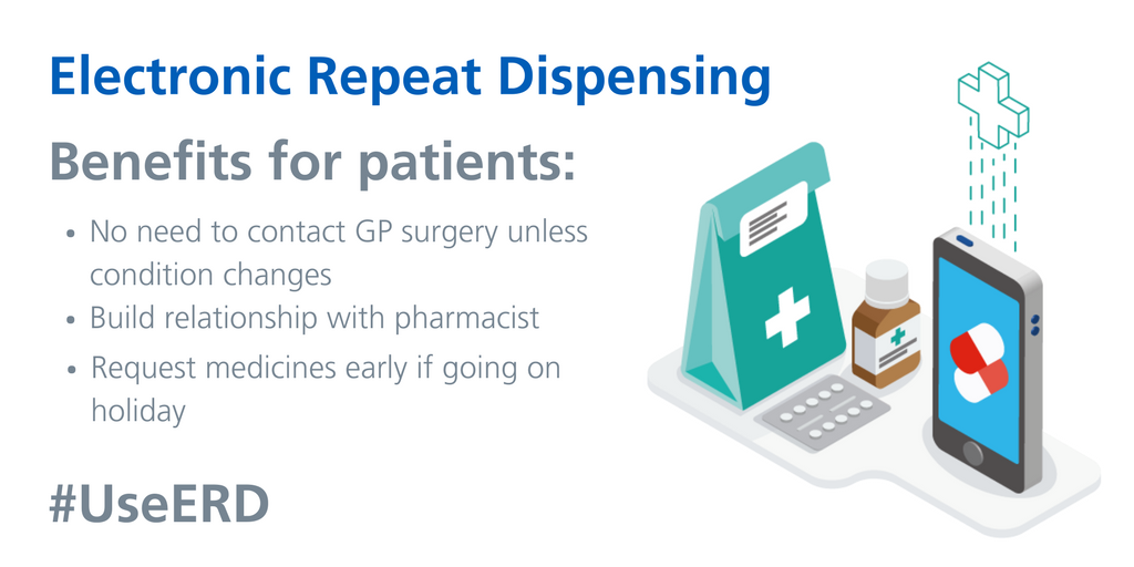 NHSDigital's tweet photo. Your patients could benefit from Electronic Repeat Dispensing. Here's a guide to help you talk to them about it: https://t.co/PJBgVfnJYk #UseERD https://t.co/YpJoMZVlEL