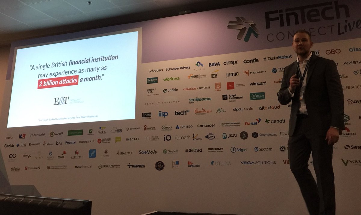 jeremybasset's tweet photo. Many British financial institutions receive 2 billion cyber attacks a month(!). @highsideio makes corporate communications secure..the Ironman of messaging. #scalefintech17 @PwC_UK @cocubed @fintech_connect https://t.co/F46i09D4aQ