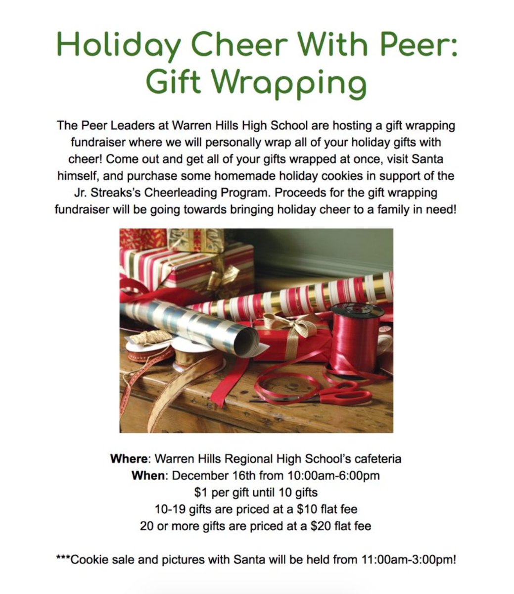 Need your holiday gifts wrapped? Our <a href="/wh_peer/">Warren Hills Peer</a> can help. Bring your gifts on 12/16, 10-6pm, in the HS cafeteria and our peer leaders will wrap them for you! Proceeds will benefit a local family in need. #WHRHSPride