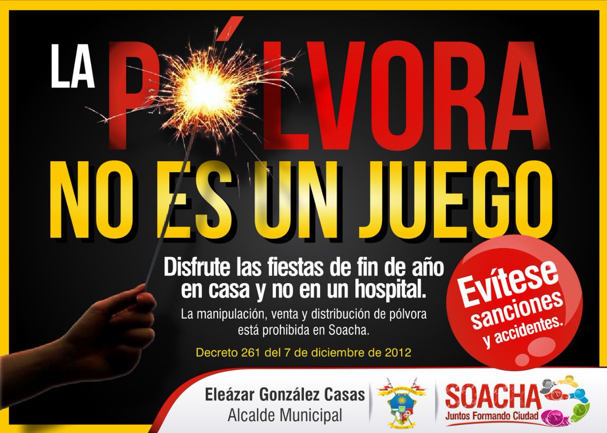 Alcaldia_Soacha's tweet photo. Con el lema “La Pólvora No es un Juego”, #Soacha lanza su Plan de Navidad  🎆🚫
Ver más: https://t.co/eyW5vrJm8I https://t.co/mDsl9f4C8d