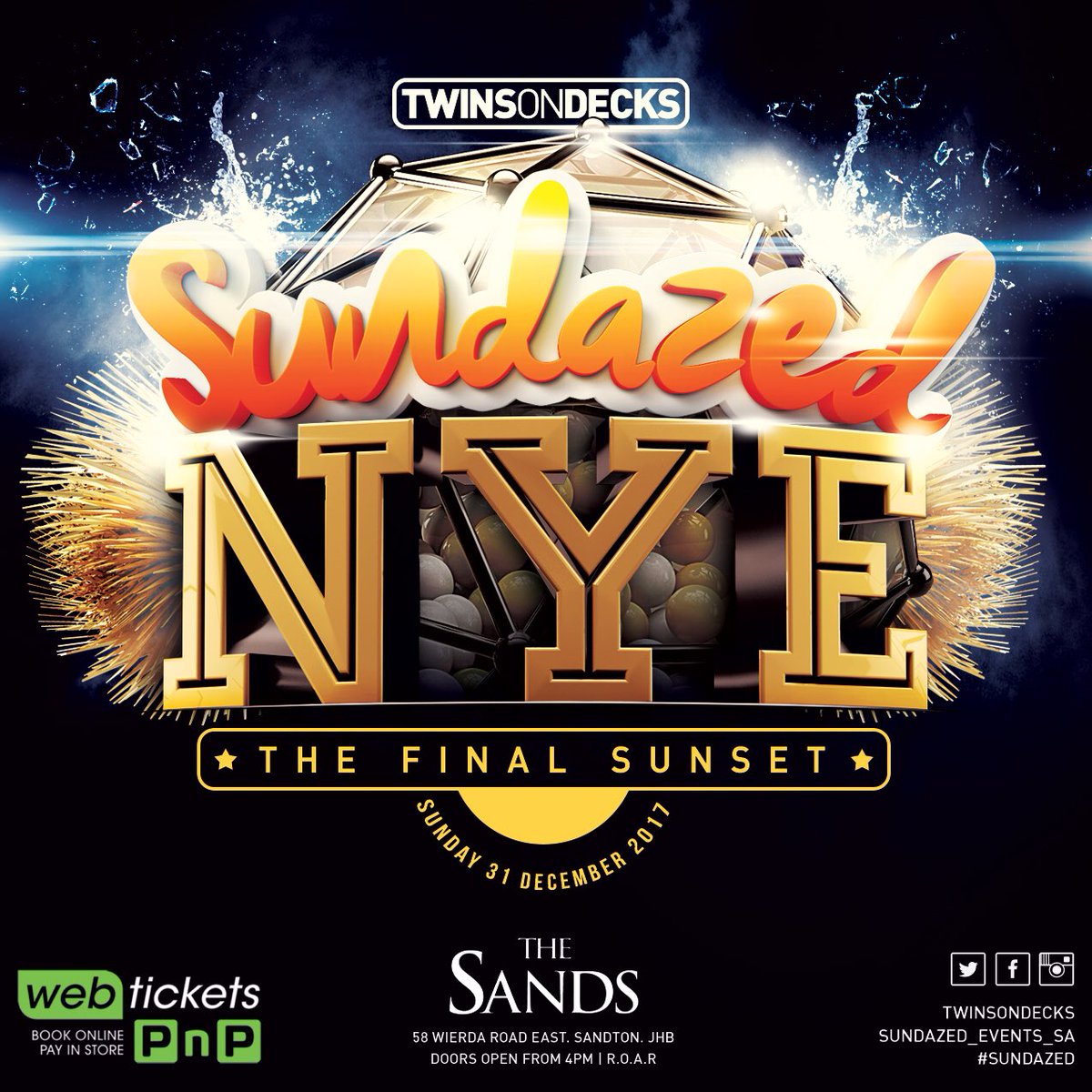 Twinsondecks's tweet photo. The Final Sunset ☀️ 🌺
NYE 2017 🥂🍾 brought to you by your boys Twinsondecks 

We taking it all the way to the top at THE SANDS SANDTON 🕺🏽🥂

🗓SUNDAY 31st DECEMBER 

@SundazedEventsSA 🌈🌷☀️
#TheFinalSunset 

SAVE THE DATE &amp; tell your friends,to tell their friends NYE! https://t.co/WZqLbptYSk