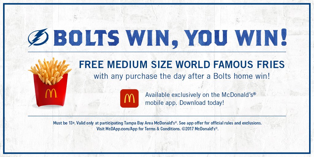 #Bolts win at home = 🍟 for all!  Today only at any participating #Tampa-area @McDTampaBay. https://t.co/jfoUfQxvKm