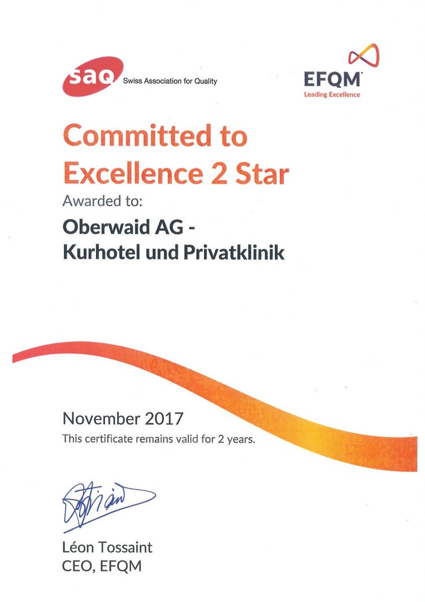 Oberwaid St Gallen. Certofied for excellence from EFQM
