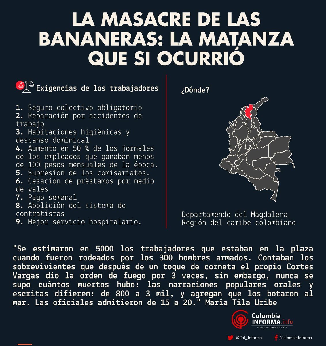 Hoy conmemoramos 89 años de la masacre de las bananeras. Conozca las exigencias que los trabajadores hicieron en la huelga y la horrible respuesta que les dieron 300 hombres armados. Hagamos memoria y que vivan las justas luchas.