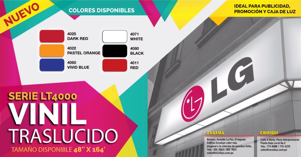 SalesExcelsys's tweet image. NUEVO Vinil traslúcido, marca LG, fácil de aplicar en superficies planas o con poca curvatura, ideal para definir marcas y/o imagen corporativas en cajas de luz, anuncios luminosos, gráficos y señalización en interior o exterior que requieran paso de luz.