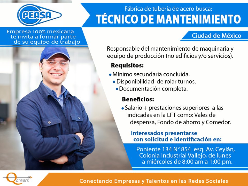 Todoslostrabajo's tweet photo. 🇲🇽 #Peasa solicita #Técnico de #mantenimiento, con disponibilidad para rolar turnos. Interesados POSTULAR aquí 👉 https://t.co/S2XIO5R68V
#Chamba #Empleo #TrabajoSíHay https://t.co/BK08kcKzH9